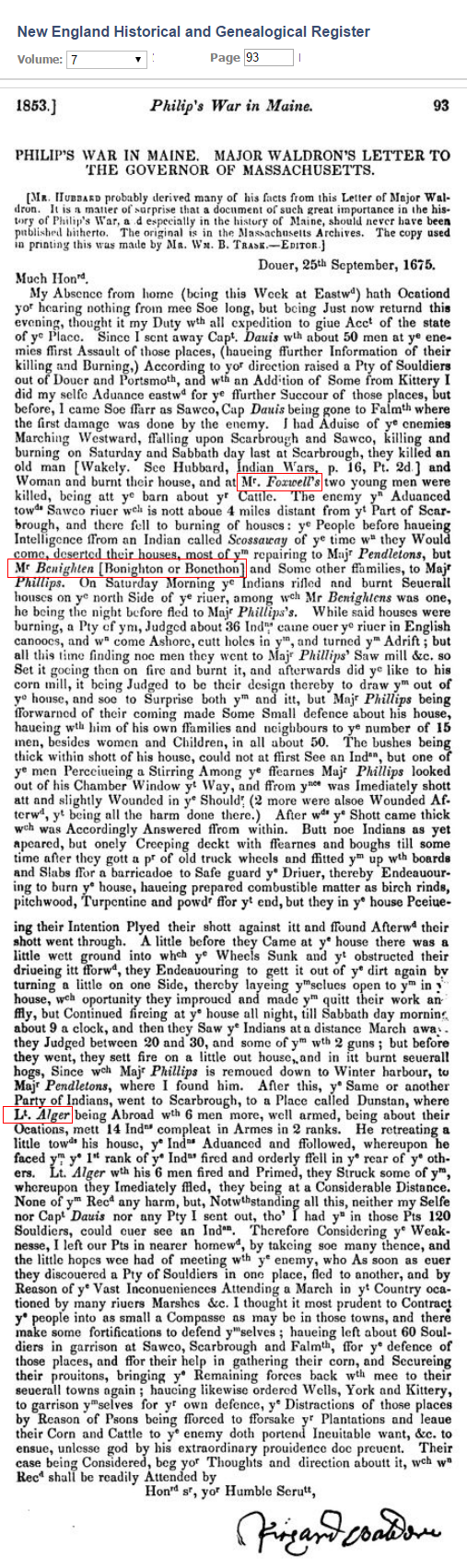 Letter re Indian War